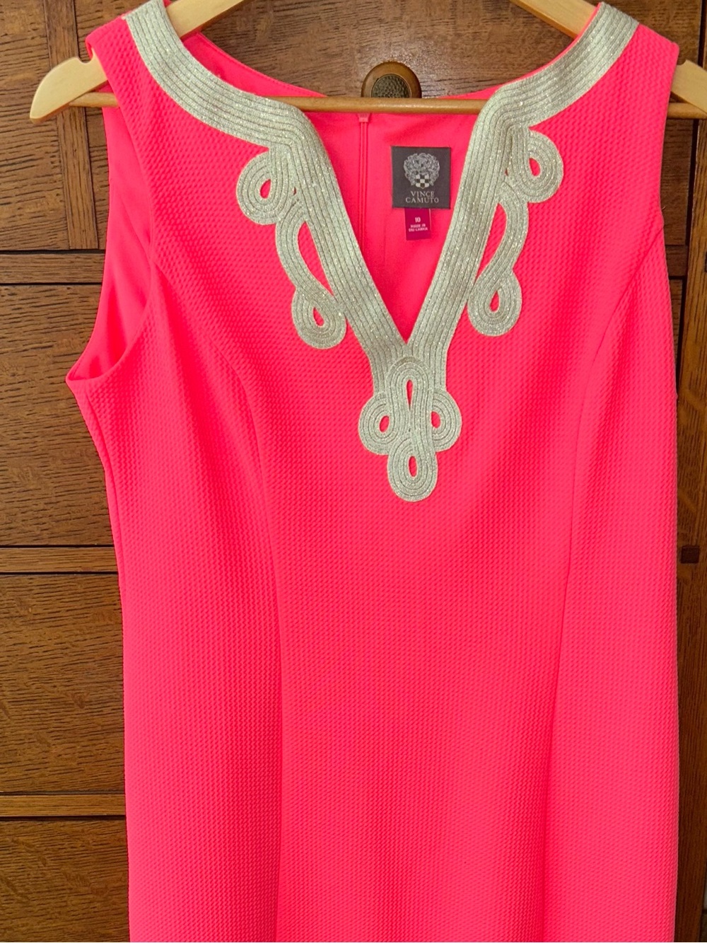 Vince Camuto Bright Coral Pink Dress with Silver Embroidered V-Neck - Picture 4 of 6
